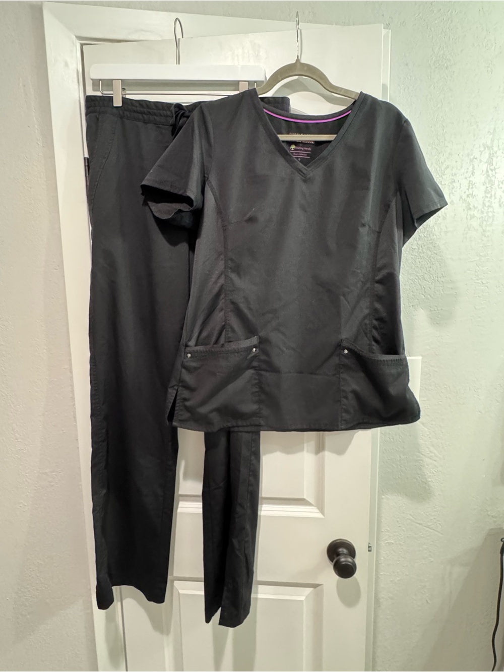 Purple Label Yoga Healing Hands Black Scrub Set V-Neck Top Large Pants LT Tall